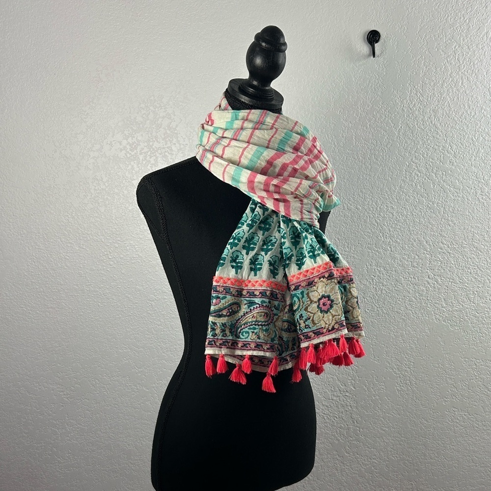 Women’s Elegant Multicolor Patterned Scarf with Tassels Lightweight Colorful